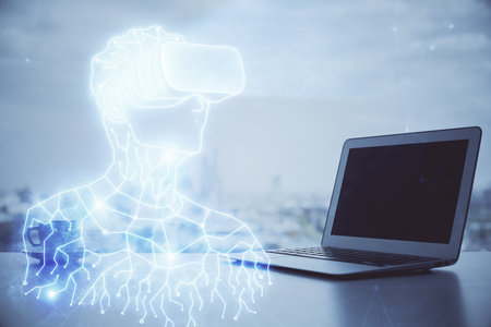 Computer on desktop with AR theme icon. Multi exposure. Concept of augmented reality.