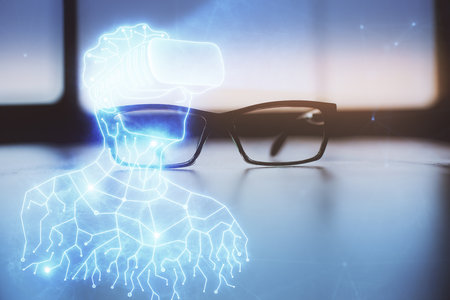 AR drawing with glasses on the table background. Concept of augmented reality. Double exposure.