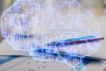 Double exposure of desktop with computer and brain drawing hologram. Artificial intelligence...