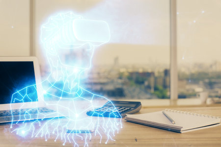 Computer on desktop with AR theme icon. Multi exposure. Concept of augmented reality.