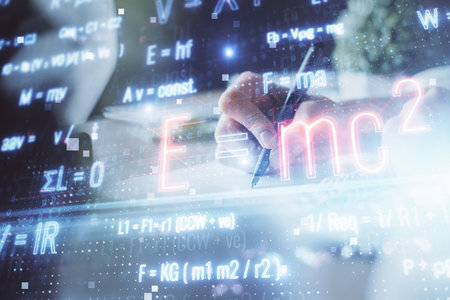 Science formula hologram over woman's hands taking notes background. Concept of study. Double exposureの写真素材