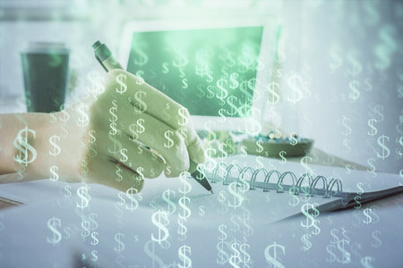 Financial forex graph drawn over hands taking notes background. Concept of research. Multi exposureの写真素材