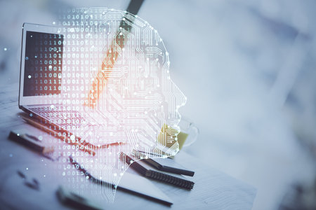 Double exposure of desktop with computer and brain drawing hologram. Artificial intelligence concept.の写真素材