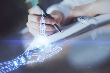 Start up creative drawing over close up hands on background. Concept of brainstorming. Multi exposureの写真素材