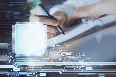 Double exposure of woman's hands on background with technology and digital coding icons. Data...