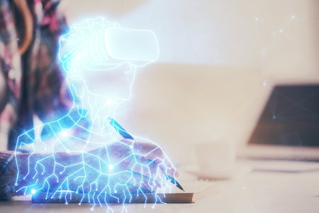 Cryptocurrency hologram over woman's hands writing background. Concept of blockchain. Multi exposureの写真素材