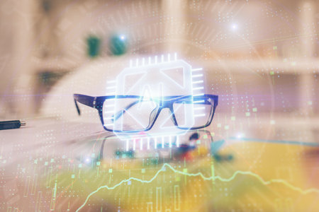 Data tech hologram with glasses on the table background. Concept of technology. Double exposure.の写真素材