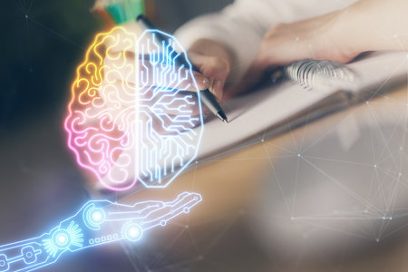 Multi exposure of writing hand on background with brain hologram. Concept of self learning.の写真素材