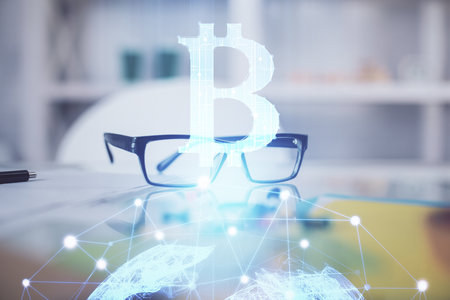 Crypto theme hologram with glasses on the table background. Concept of blockchain. Double exposure.の写真素材