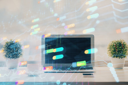 Double exposure of table with computer on background and data theme drawing. Concept of innovation.の写真素材