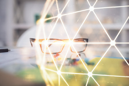 Social network theme drawing with glasses on the table background. Concept of people media connection. Double exposure.の写真素材