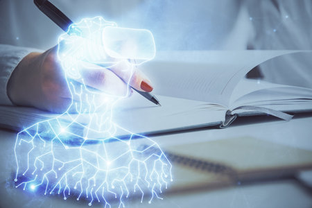 AR hologram over hands taking notes background. Concept of augmented reality. Double exposure