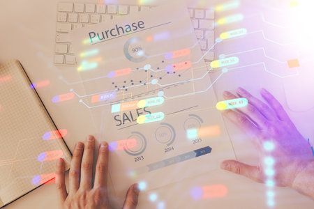 Man's hands with tech theme multi exposure icons. Concept of big data and technology.の写真素材