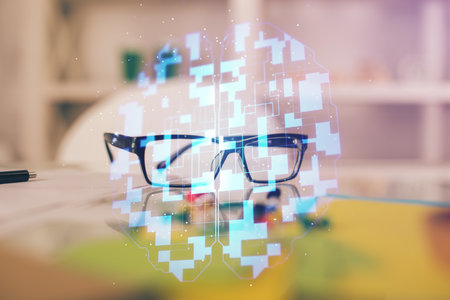 Data tech hologram with glasses on the table background. Concept of technology. Double exposure.の写真素材