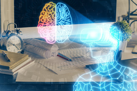 Computer on desktop with AR theme icon. Multi exposure. Concept of augmented reality.