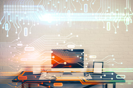 Double exposure of desktop computer and technology theme hologram. Concept of software development.