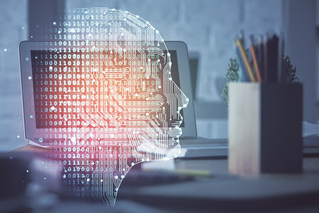 Multi exposure of work space with computer and human brain hologram. Brainstorm concept.の写真素材