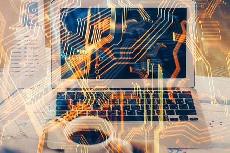 Computer on desktop in office with technology theme hologram. Multi exposure. Tech concept.