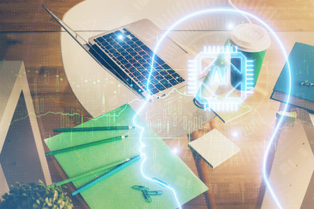 Double exposure of desktop computer and human brain drawing hologram. Ai concept.