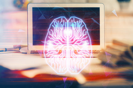 Double exposure of work space with computer and human brain drawing hologram. Brainstorm concept.
