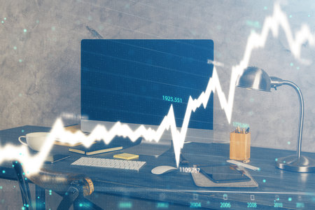 Double exposure of forex chart and work space with computer. Concept of international online trading.の写真素材