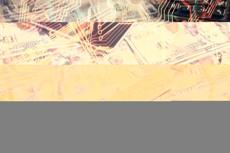 Double exposure of tech theme drawing over usa dollars bill background. Concept of technology.の写真素材
