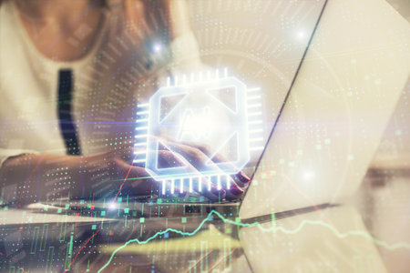 Multi exposure of woman hands working on computer and data theme hologram drawing. Tech concept.