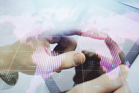 Double exposure of man's hands holding and using a phone and international business theme drawing.