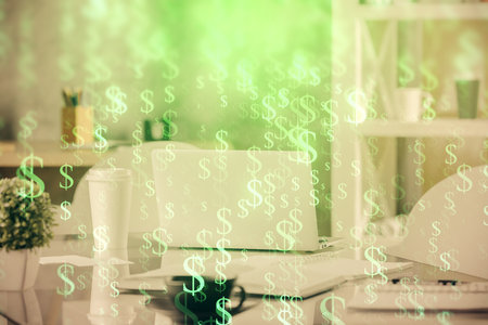 Double exposure of stock market graph drawing and office interior background. Concept of financial analysis.の写真素材