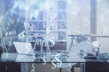 Multi exposure of stock market chart drawing and office interior background. Concept of financial analysis.の写真素材