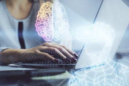 Double exposure of woman hands typing on computer and man in AR glasses drawing. Education concept.