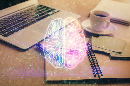 Double exposure of brain drawing and desktop with coffee and items on table background. Concept of research.の写真素材
