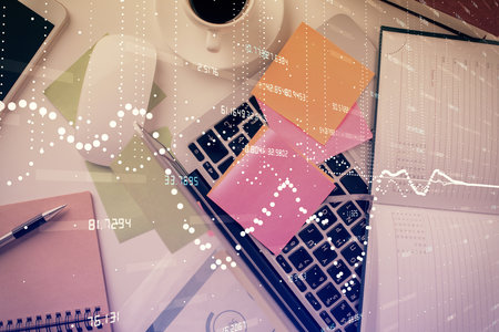 Double exposure of data hologram sketch over study table background with computer. Concept of Ai. Top view.の写真素材