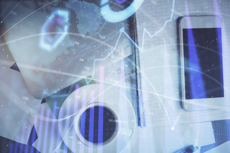 Multi exposure of forex graph hologram over desktop with phone. Top view. Mobile trade platform concept.の写真素材