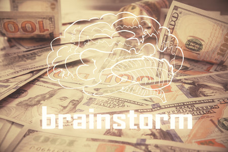 Double exposure of startup drawing over usa dollars bill background. Young business concept.