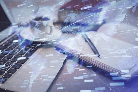 Double exposure of technology theme drawing and desktop with coffee and items on table background....