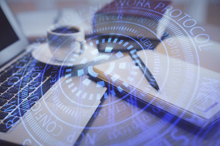 Double exposure of technology theme drawing and desktop with coffee and items on table background. Concept of data research.の写真素材