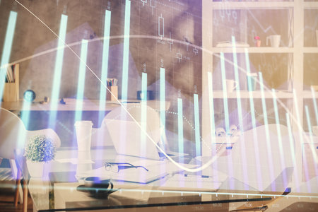 Multi exposure of stock market chart drawing and office interior background. Concept of financial analysis.の写真素材