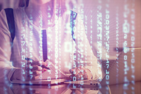 Multi exposure of woman hands working on computer and data theme hologram drawing. Tech concept.