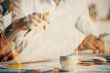 Double exposure of technology theme drawing over people taking notes background. Concept of Techの写真素材