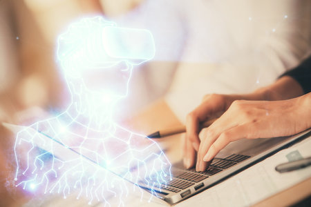 Double exposure of woman hands typing on computer and man in AR glasses drawing. Education concept.の写真素材