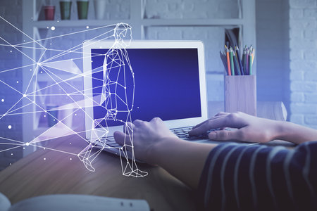 Double exposure of woman hands typing on computer and creative drawing. Start up concept.の写真素材