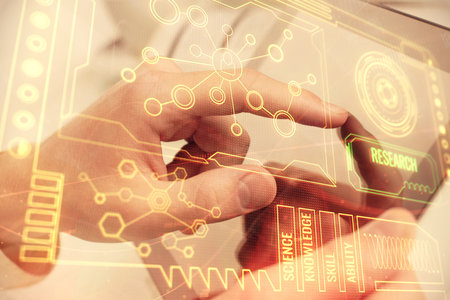 Multi exposure of man's hand holding and using a digital device and data theme drawing. Innovation...