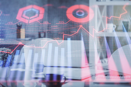 Double exposure of stock market graph drawing and office interior background. Concept of financial analysis.の写真素材