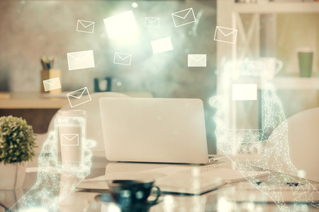 Multi exposure of envelops drawings and office interior background. E-mail concept.の写真素材