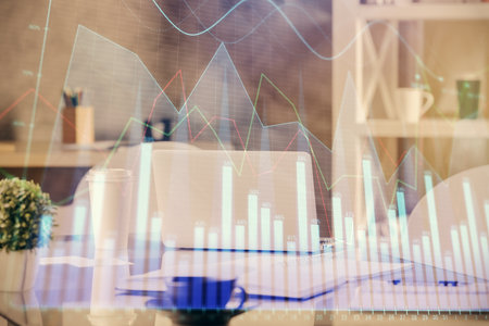 Double exposure of stock market graph drawing and office interior background. Concept of financial analysis.の写真素材