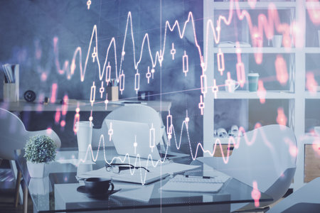 Multi exposure of stock market chart drawing and office interior background. Concept of financial...
