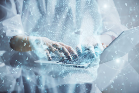 Double exposure of woman hands working on computer and brain hologram drawing. Ai concept.の写真素材
