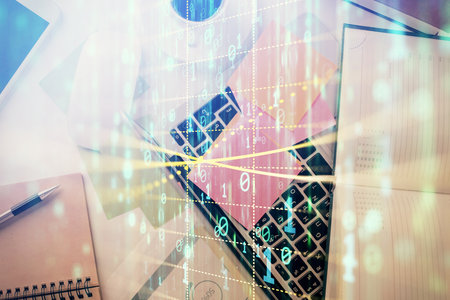Double exposure of data hologram sketch over study table background with computer. Concept of Ai. Top view.の写真素材