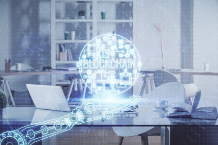 Double exposure of crypto technology theme drawing and office interior background. Concept of blockchain.の写真素材